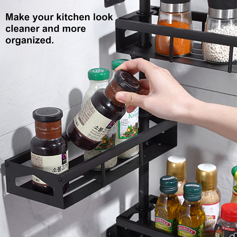 Jiexing JXE04-BK-SR 2/4 Layers Wall-mounted Rotating Spice Rack Punch-free Adjustable Height for Kitchen 2