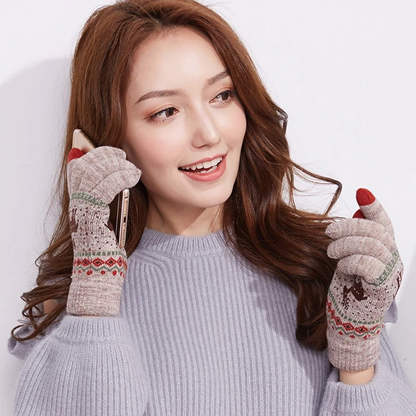 Women Girls Winter Crochet Knitted Warm Gloves  Touch Screen Cute Deer Printing Mittens