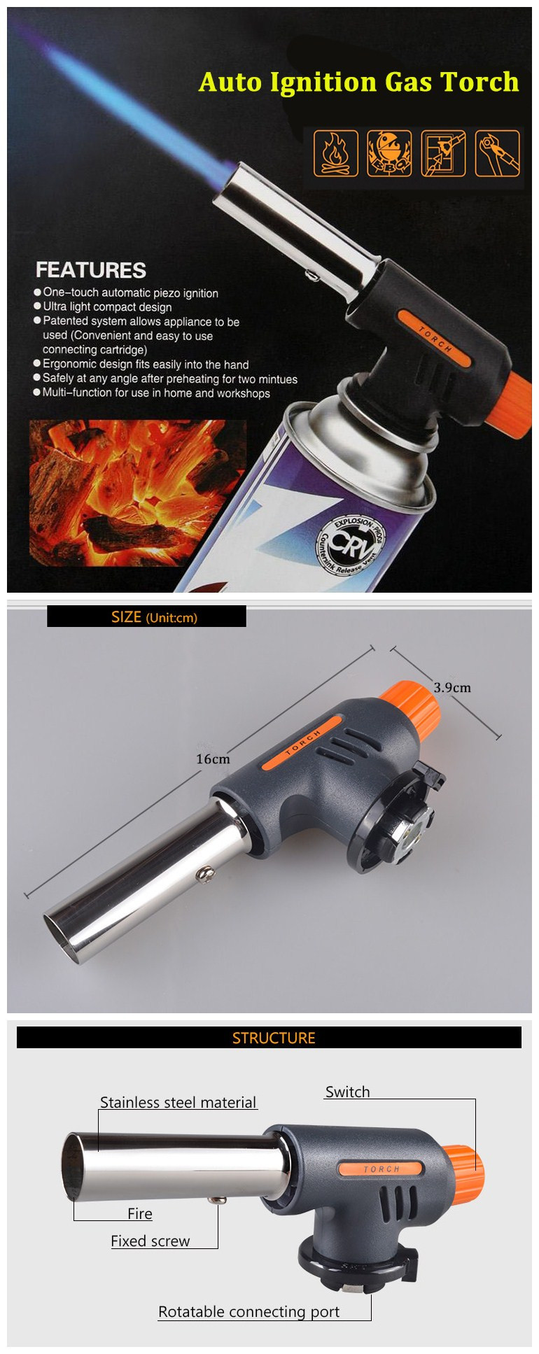 Auto Ignition Flamethrower Gas Torch Camping Welding BBQ Butane Burner Adapter 13