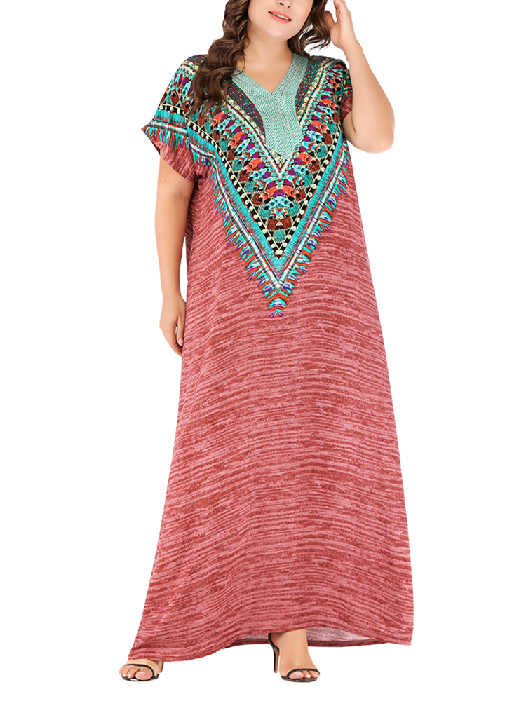 

Women Ethnic Print Batwing Sleeve Kaftan Maxi Dress