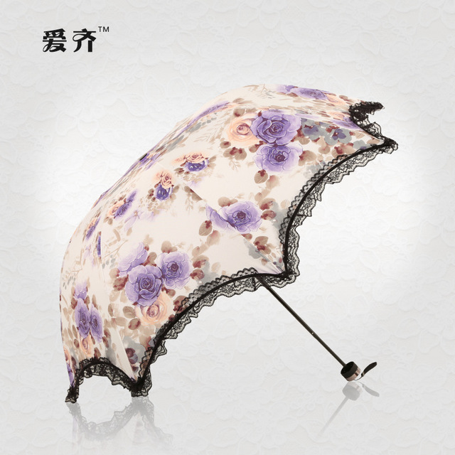 

Три раза черный резиновый край кружева супер солнцезащитный крем анти-уф зонтик складной зонт питания