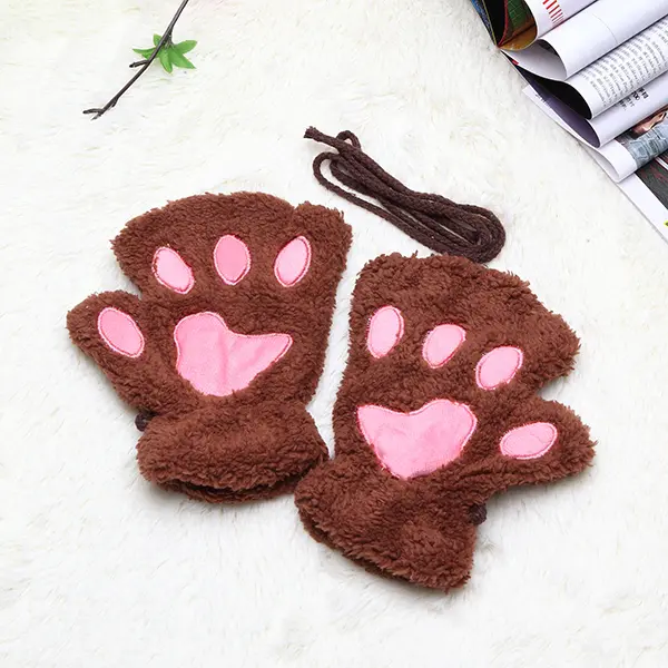 Women Girls Fluffy Plush Bear Cat Paw Fingerless Gloves  Paw Glove Winter Warm Mittens