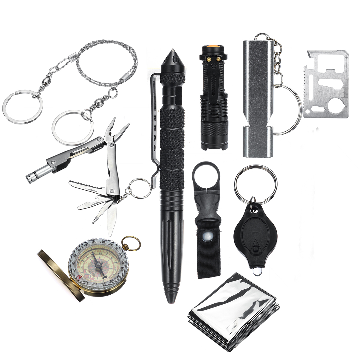 

11 In 1 SOS Emergency Survival Kit EDC Tools Compass Fret Saw Flashlight Tactical Camping Hiking