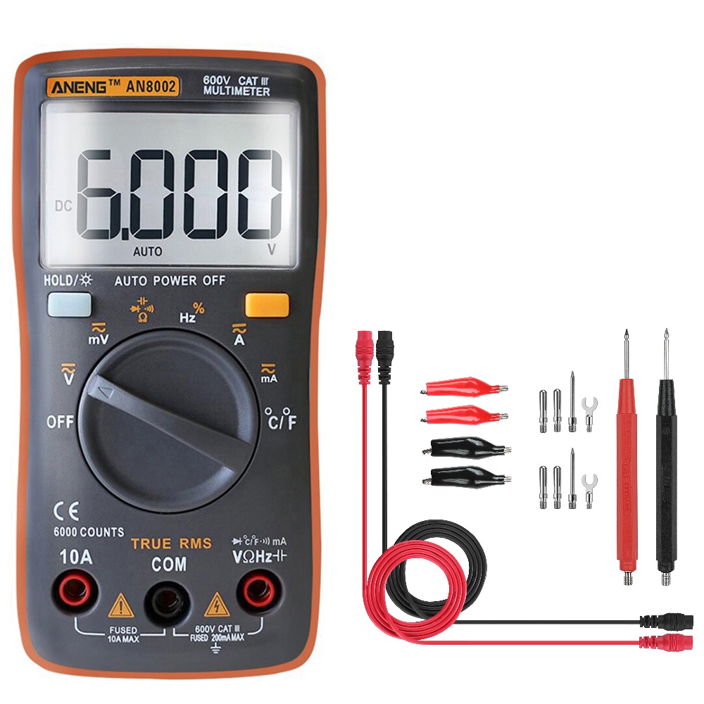 

ANENG AN8002 Orange Digital True RMS 6000 Counts Multimeter AC/DC Current Voltage Frequency Resistance Temperature Tester ℃/℉ + Test Lead Set