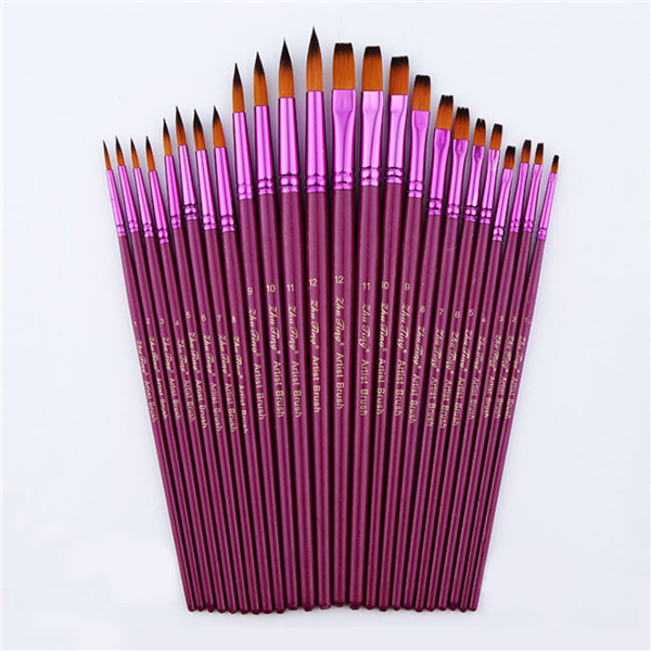 

12pcs Flat Tip Round Tip Painting Brushes Artist Nylon Hair Watercolor Oil Drawing Pen