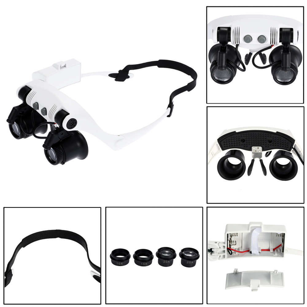 

DANIU Portable Head Wearing Magnifying Glass 10X 15X 20X 25X LED Double Eye Repair Magnifier Loupe