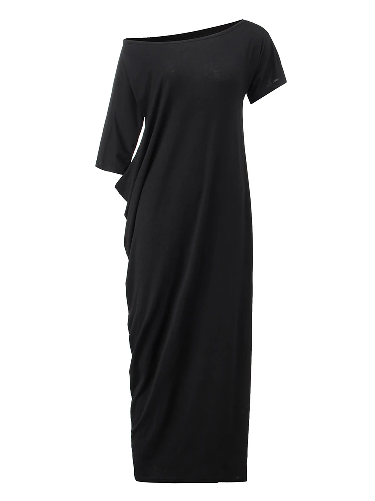 Casual Loose Women One Shoulder Pure Color Batwing Sleeve Maxi Dresses