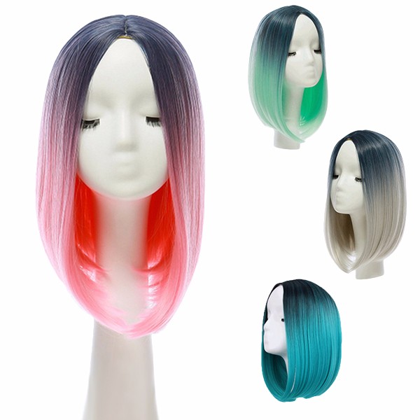 

14" Heat Resistant Synthetic Gradient Color Cheap Hair Wig Ombre Medium Long Straight Silk Lace