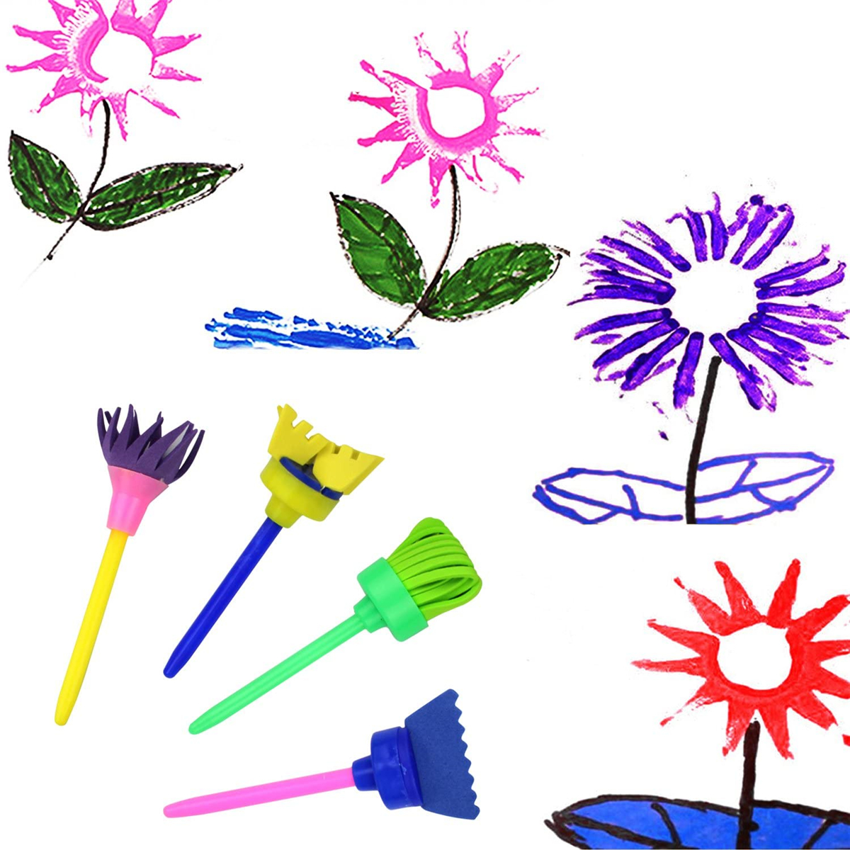 47Pcs Kids Sponge Paint Brushes Kits,Washable Foam Brushes Art Crafts Sponge Brush Flower Pattern Brush for Kids Toddlers Early Learning 
