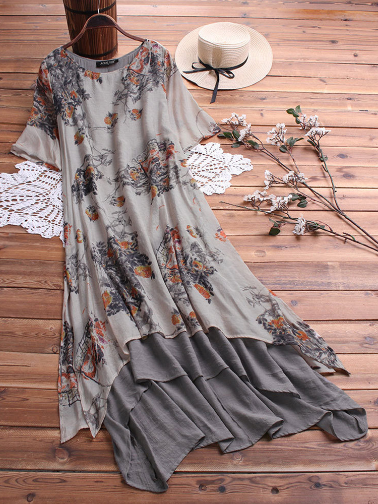 

Vintage Floral Print O-neck Layered Short Sleeve Dress