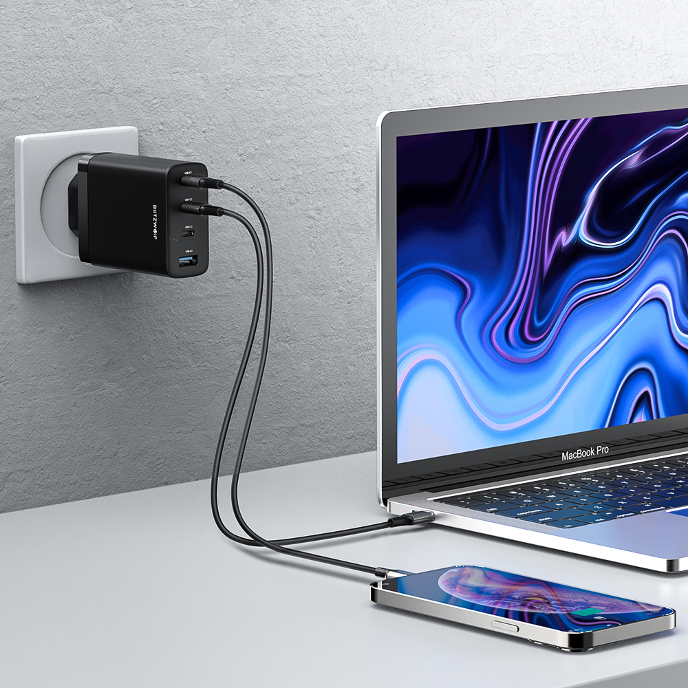 BlitzWolf® BW-S23 100W 4 Ports GaN Wall Charger Dual 100W USB-C PPS PD3.0 QC3.0 SCP Fast Charging For iPhone 14 14 Plus 14 Pro Max For Samsung Galaxy S22 Z Flip 4 MacBook Pro 16" For iPad Pro 2021 6