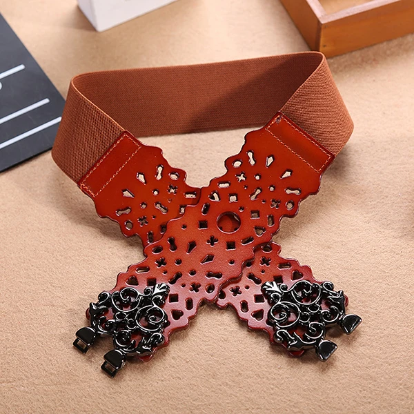 Women First Layer Leather Hollow Belts Elastic Stretchable Metal Button Waistband