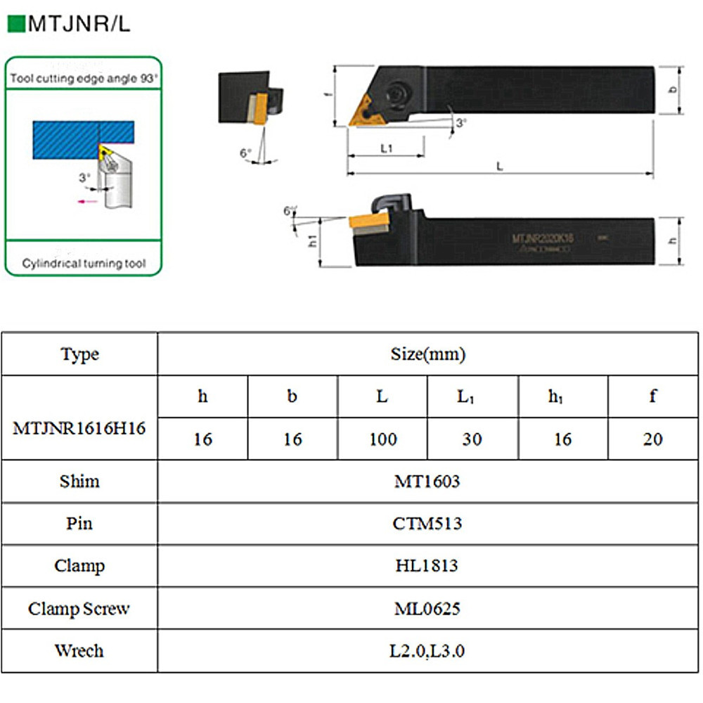 MTJNR1616H16 16x100mm Lathe Indexable Turning Tool Holder for TNMG1604
