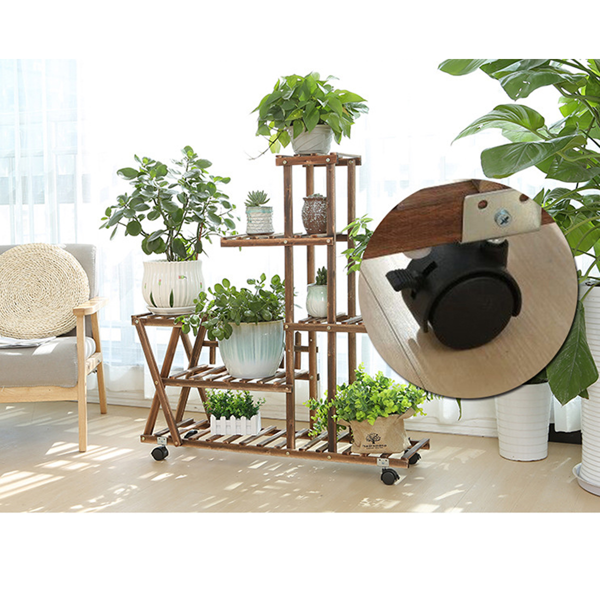 Wooden Plant Flower Pot Stand Shelf Indoor Outdoor Garden Planter With Wheels 7
