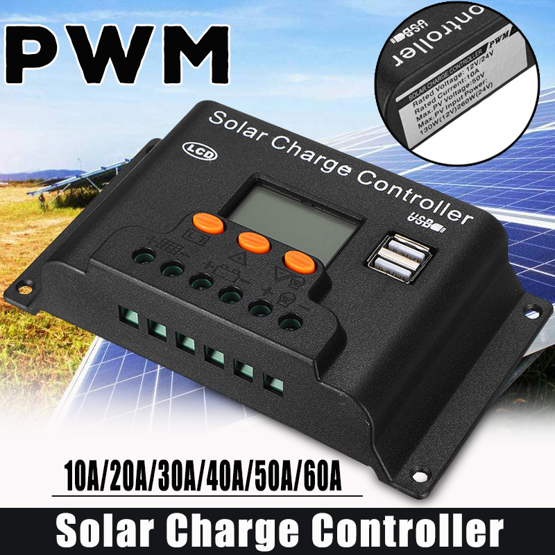 10/20/30/40/50/60A 12v/24v Adjust PWN Solar Battery Charge Controller for Solar Panel Support Dual USB Output/Large LCD Display 1