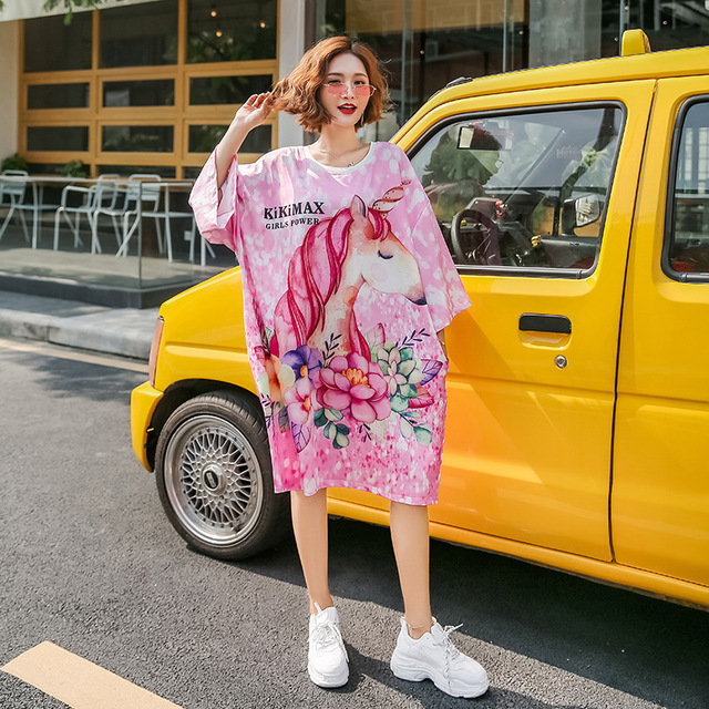 

Yqh New Europe And America Super Large Size Women's Fat Mm Loose Comfortable Thin Cartoon Print T-shirt Skirt