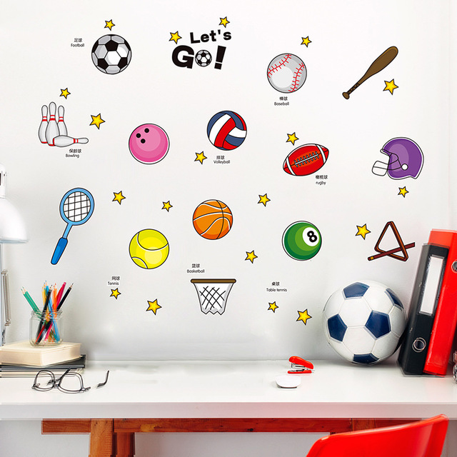 

Мультфильм милый футбол детский сад детская комната украшения стены наклейки самоклеящиеся стикеры стены баскетбол мальчик спорт