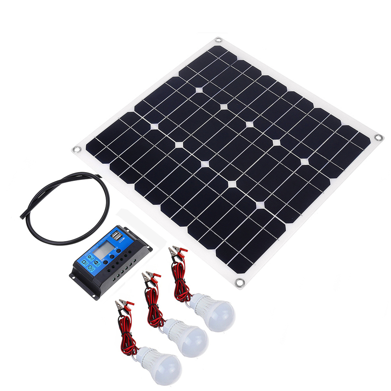 

30W Monocrystalline Solar Panel Kit 10A USB Solar Controller With 3Pcs 5W Light Bulb