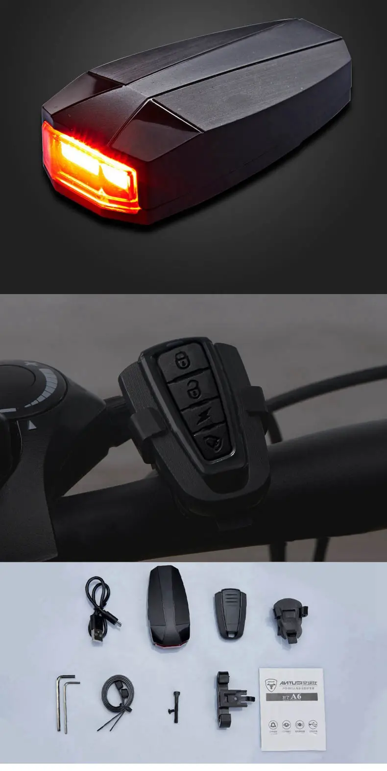 ANTUSI A6 3 in 1 Bicycle Wireless Rear Light Cycling Remote Control Alarm Lock Fixed Position Mountain Bike Smart Bell COB Tailight USB Charging