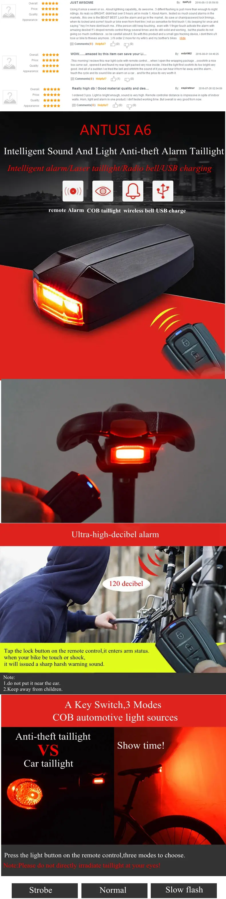 ANTUSI A6 3 in 1 Bicycle Wireless Rear Light Cycling Remote Control Alarm Lock Fixed Position Mountain Bike Smart Bell COB Tailight USB Charging