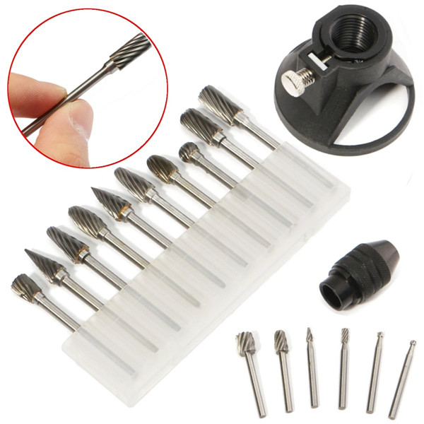 

Drill Carving Locator with 0.5-3.2mm Keyless Chuck 6pcs Router Bits and 10pcs Wood Milling Burrs