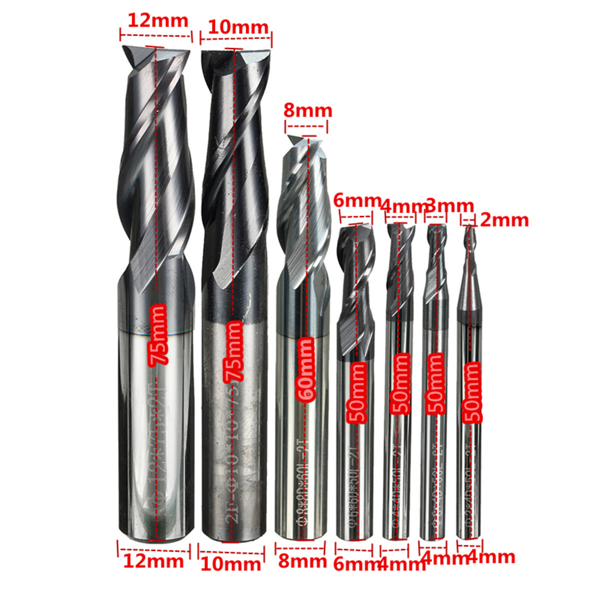 2 Flute Solid Carbide Slot Drills Tungsten Coated 2/3/4/6/8/10/12mm End 
