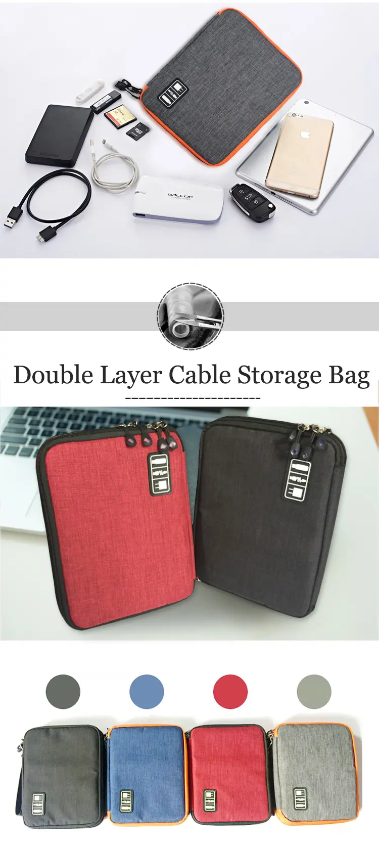 Honana HN-CB1 Double Layer Cable Storage Bag Electronic Accessories Organizer Travel Gear
