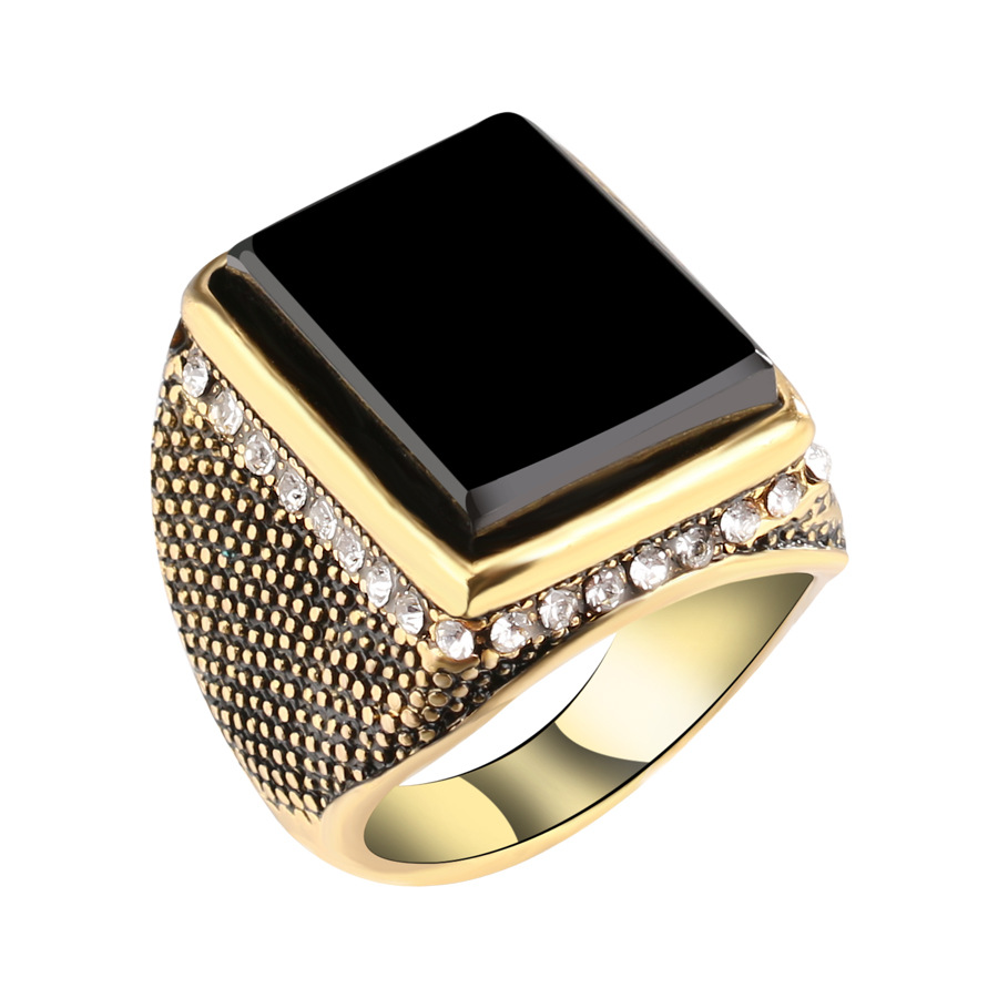 

20mm Punk Resin Black Color Geometry Rhinestone Ancient Gold Finger Ring для мужчин