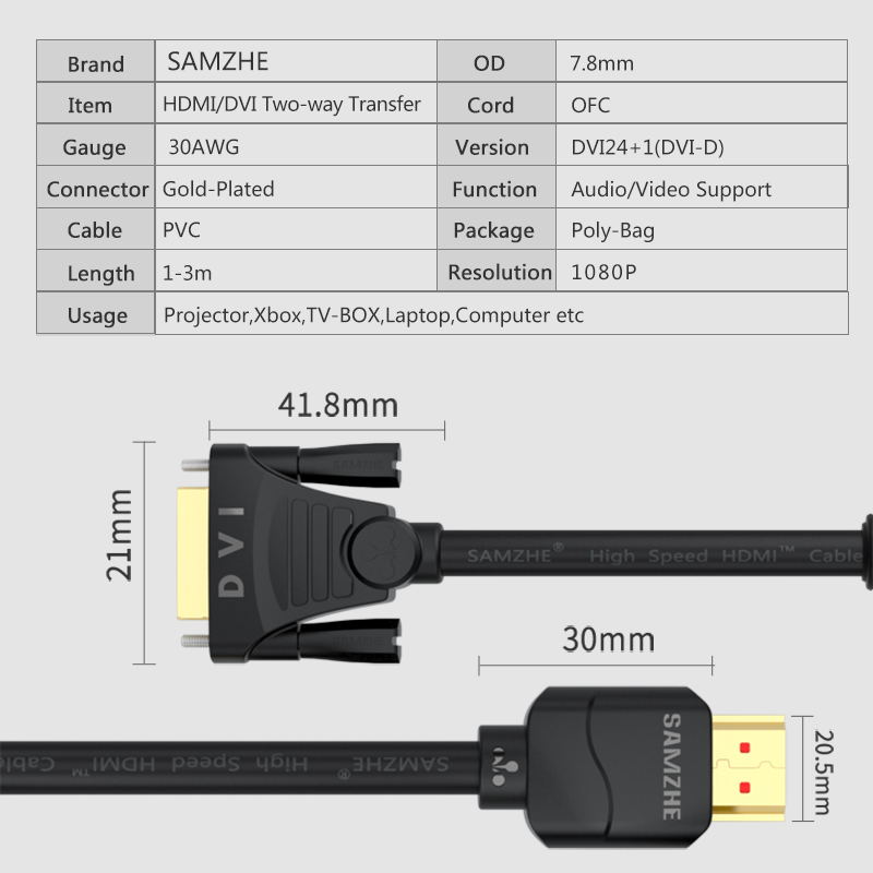 SAMZHE DVI(24+1) to HDMI/ HDMI to DVI(24+1) Bi-Directional Transmission 1080P HDMI Cable for PC Projector TV Screen Xbox Laptop 7
