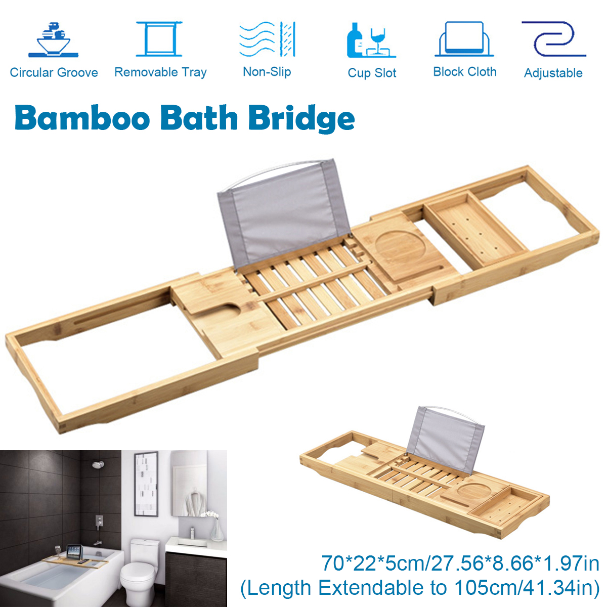 Multifunctional Bamboo Bathtub Rack Retractable Storage Shelf for Bathroom 2