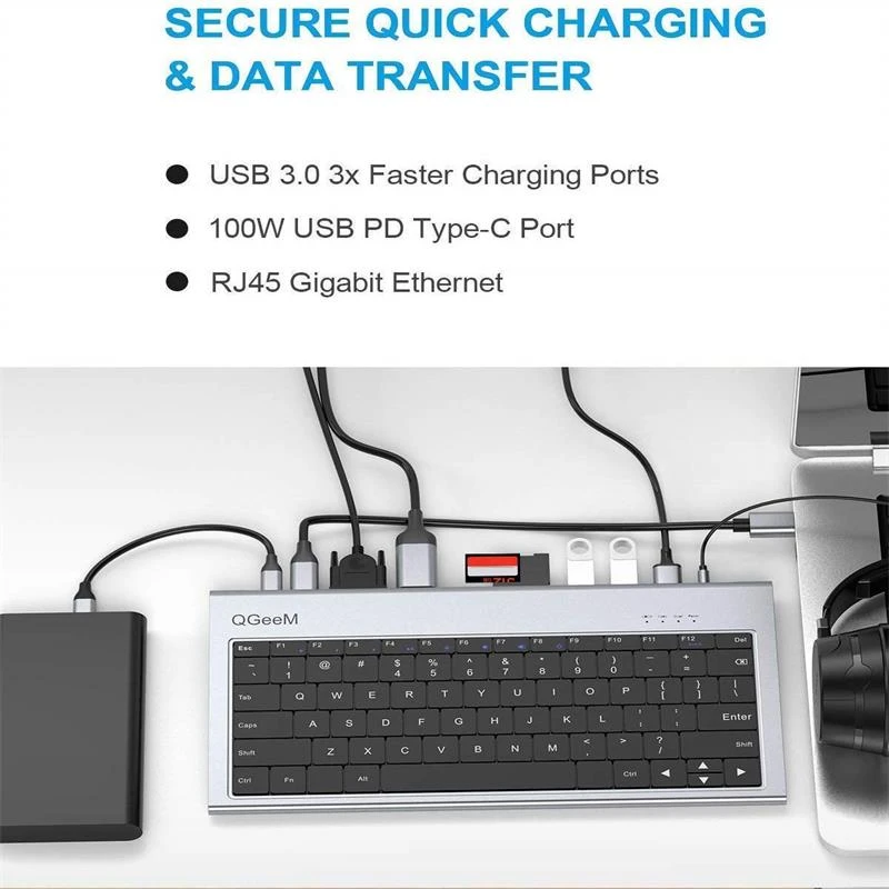 QGeeM  QG-UH11-2 Aluminum Alloy Keyboard + 11 In 1 USB-C Hub Docking Station Adapter Docking Station With Keyboard Function Support