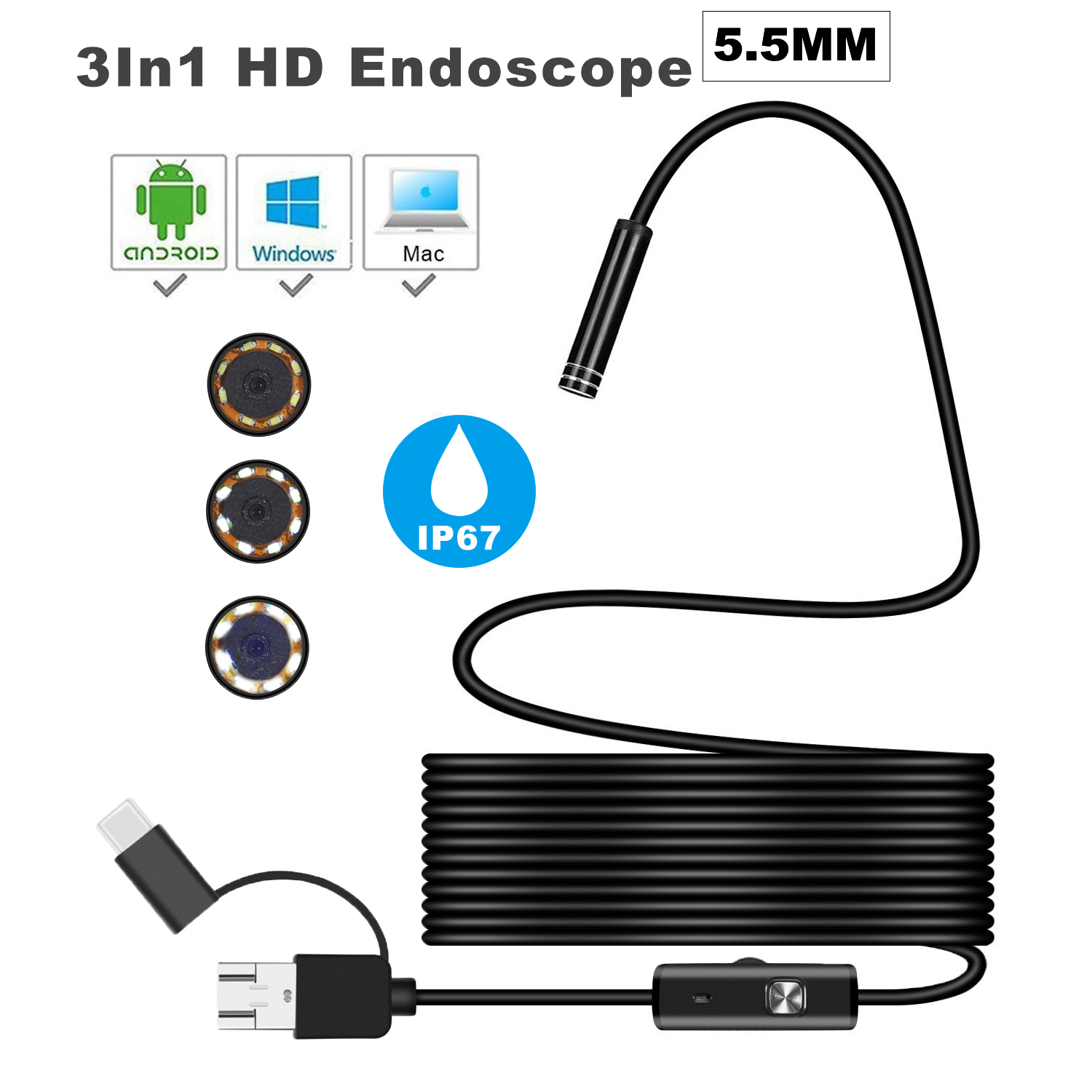 

Bakeey 3 in 1 5.5mm 6Led Type C Micro USB Borescope Inspection Camera Soft Cable for Android PC