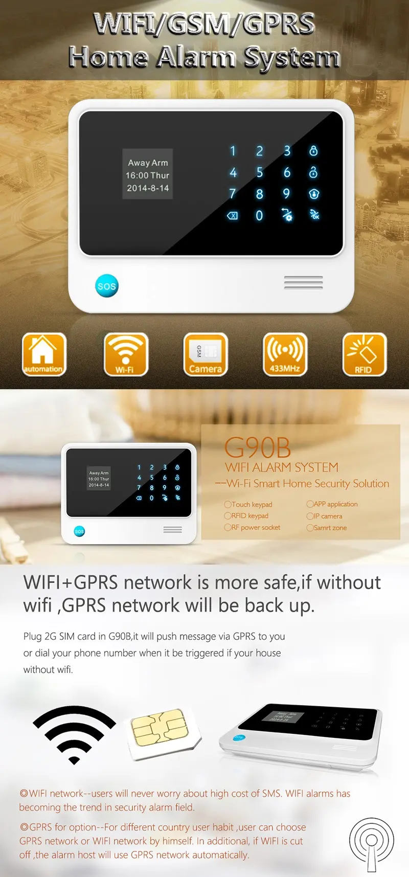 G90B 433mhz WIFI GSM GPRS Alarm Sysyem with Keypad IOS Android APP Remote Control Multiple Language