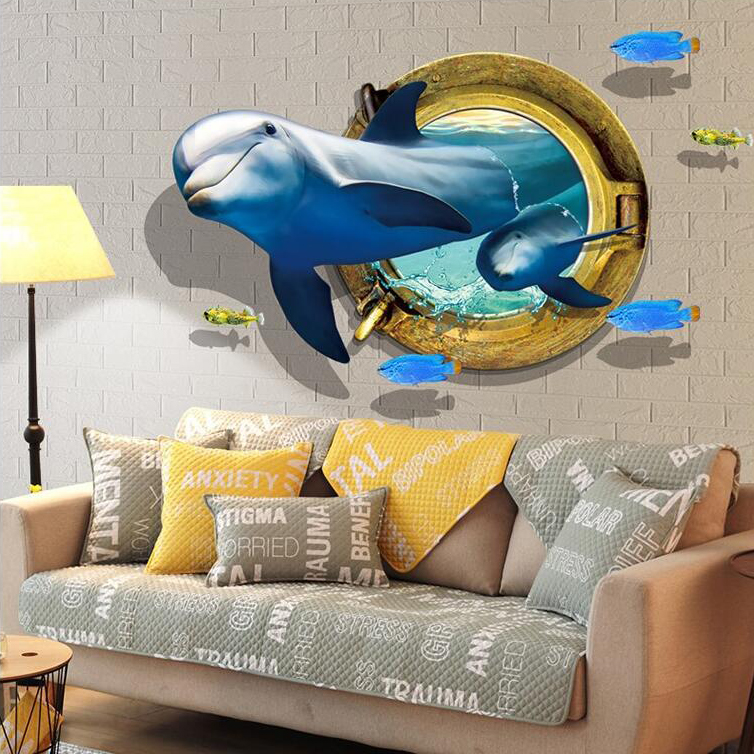 

Miico Creative 3D Dolphin Window Sea Fishes PVC Removable Home Room Decorative Wall Door Decor Sticker