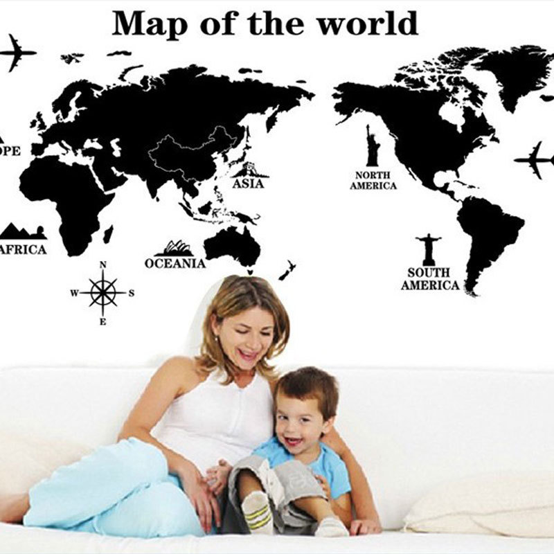 

World Map Black Wall Stickers For Kids Rooms Study Room Removable Waterproof Adhesive Wall Art Decals Home Decor