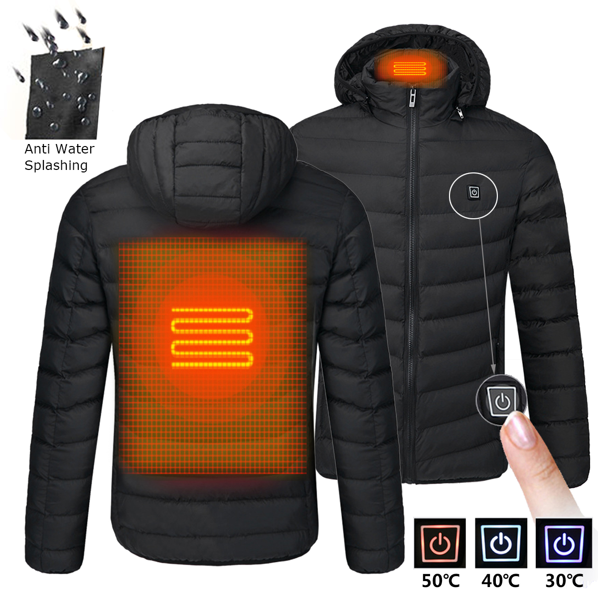 

Mens USB Heated Warm Back Cervical Spine Hooded Winter Jacket Motorcycle Skiing Riding Coat Women