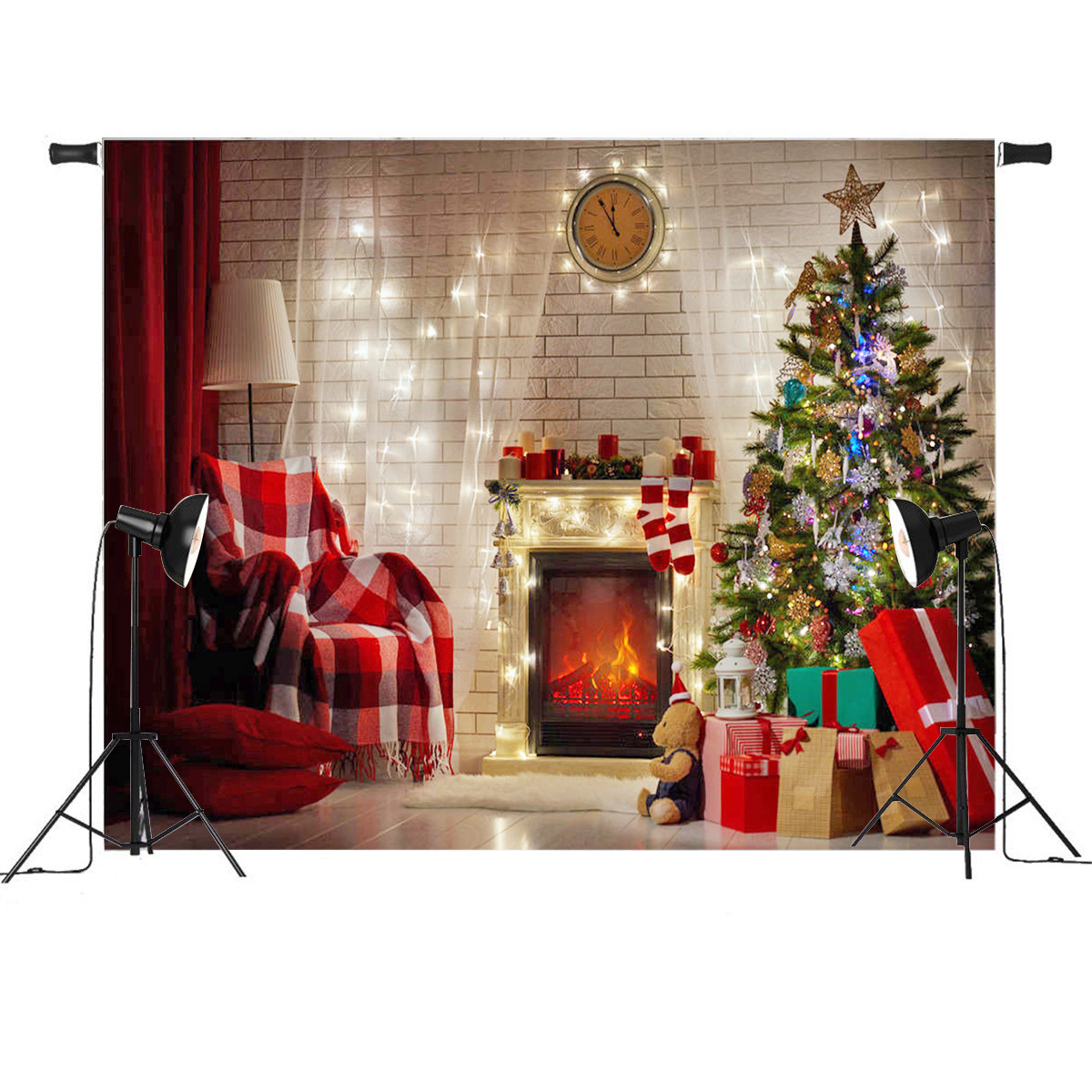 

7x5FT Red Christmas Tree Gift Chair Fireplace Photography Backdrop Studio Prop Background