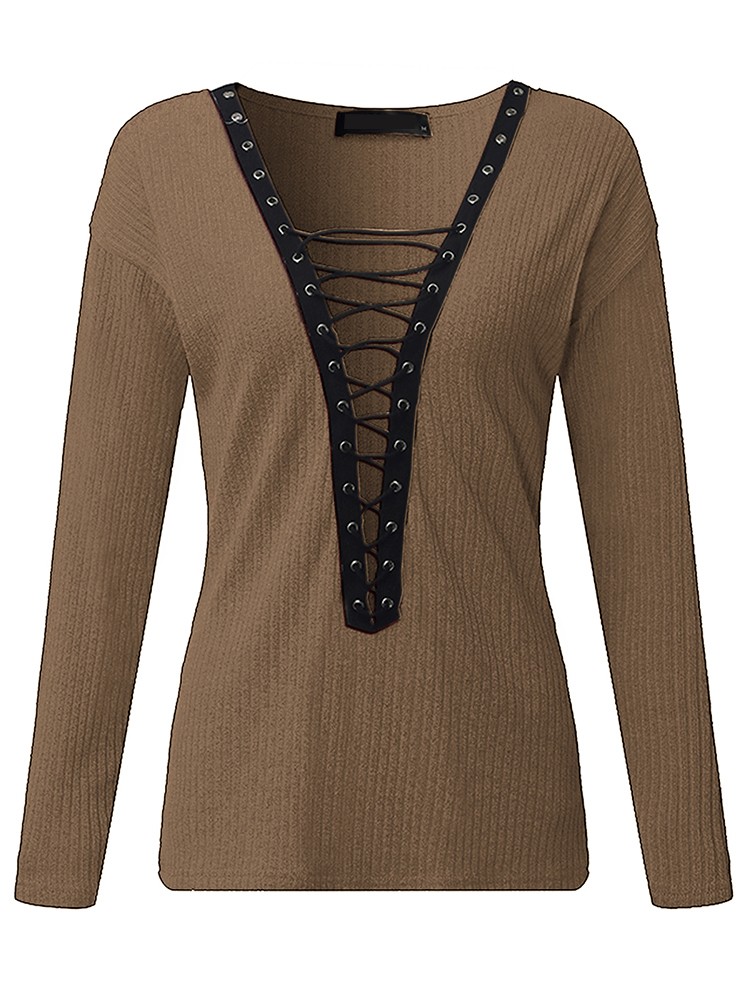 Sexy Women Lace Up Long Sleeve Plunge V-Neck Sweater