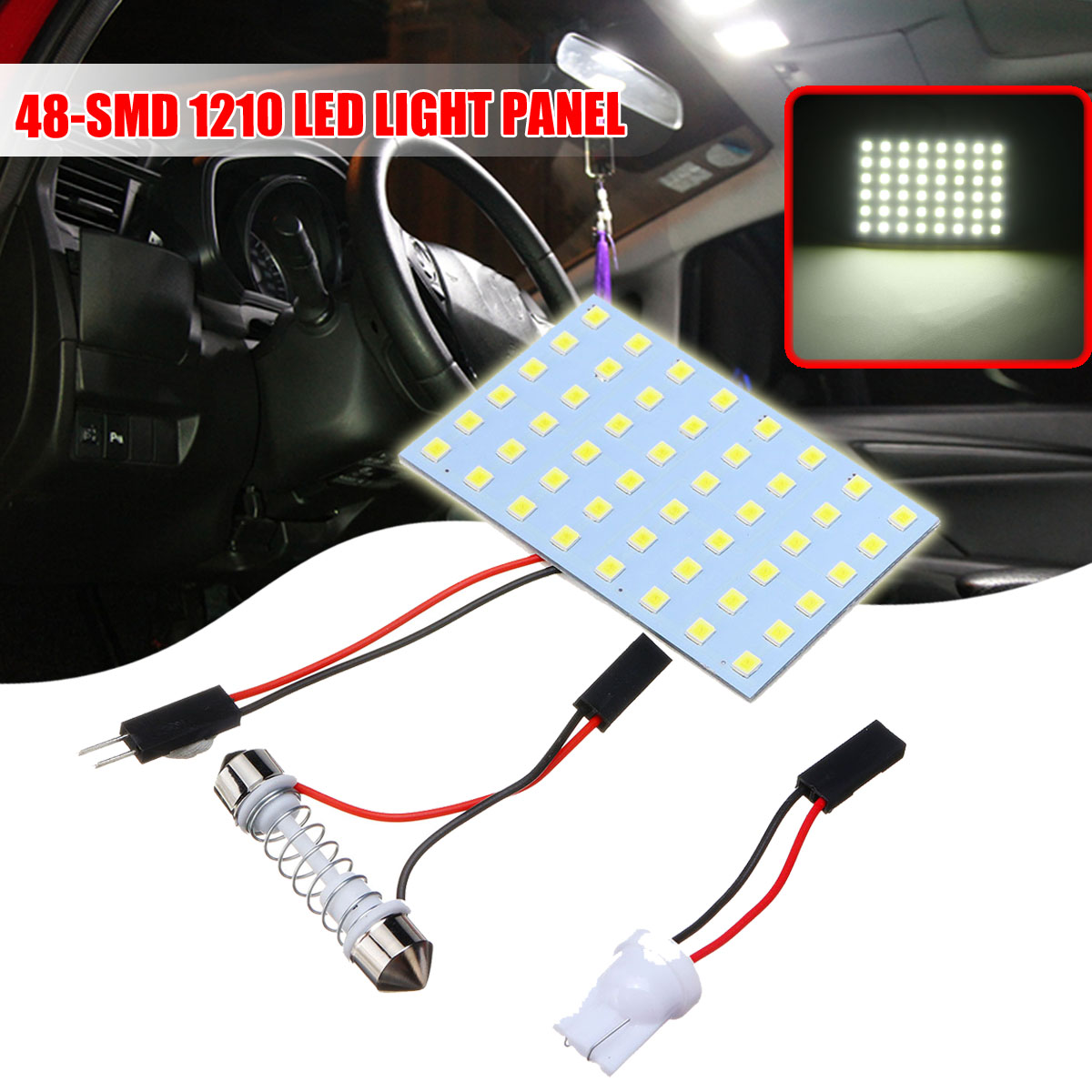 White 1210 SMD 48 LED Car Interior Dome Light Panel T10 BA9S Festoon H7Y9
