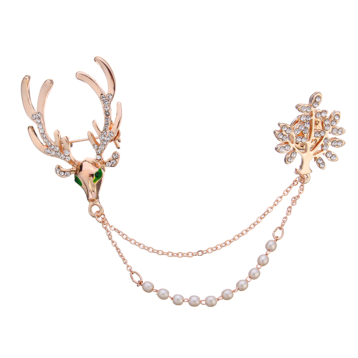 

Crystal Deer Green Eyes Tree Artificial Pearl Gift Christmas Brooches