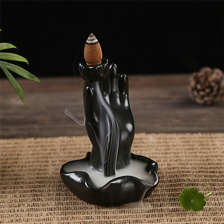 

Buddha Backflow Incense Cone Burner Holder Ceramic Hand Lotus Buddhist Fragrant Home Censer Decor