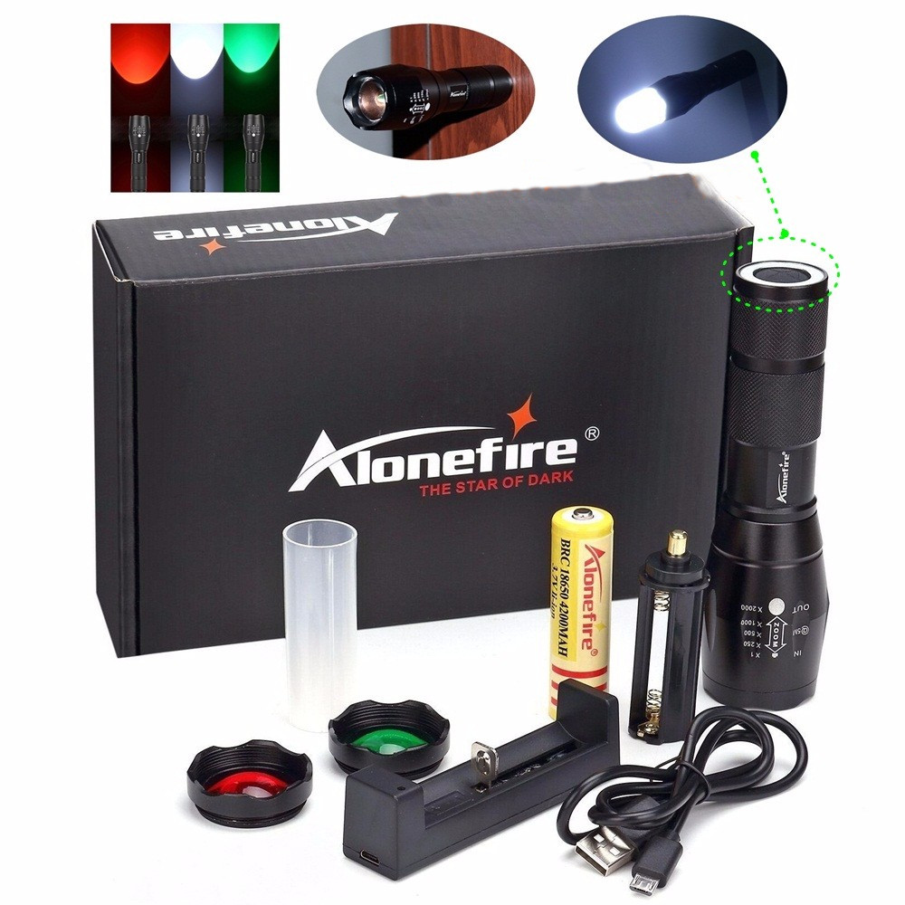 

Alonefire G700-N T6 2000LM 5Modes Zoomable Red & Green & White Light LED Flashlight Signal Light Suit+18650+USB Charger