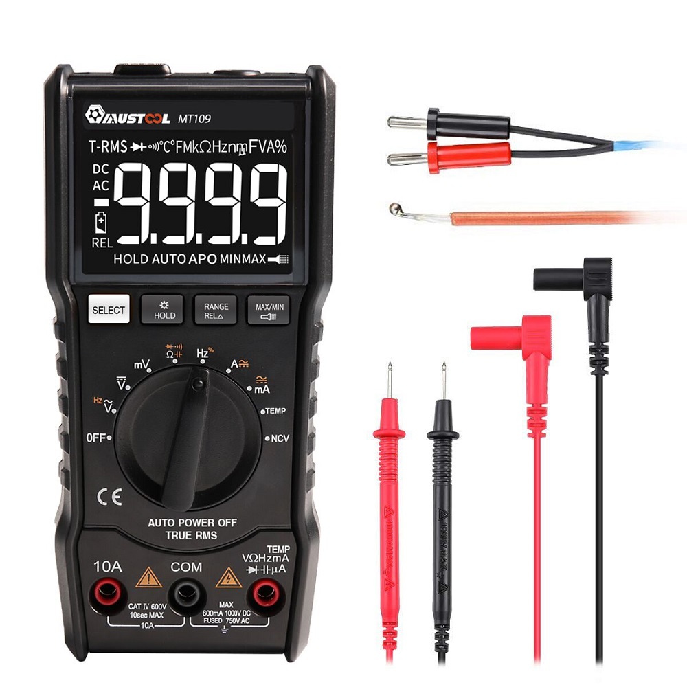 

MUSTOOL MT109 Portable 9999 Counts True RMS Multimeter AC DC Voltage Current NCV Temperature Tester Auto Range Backlight and Flashlight With Black EBTN Screen