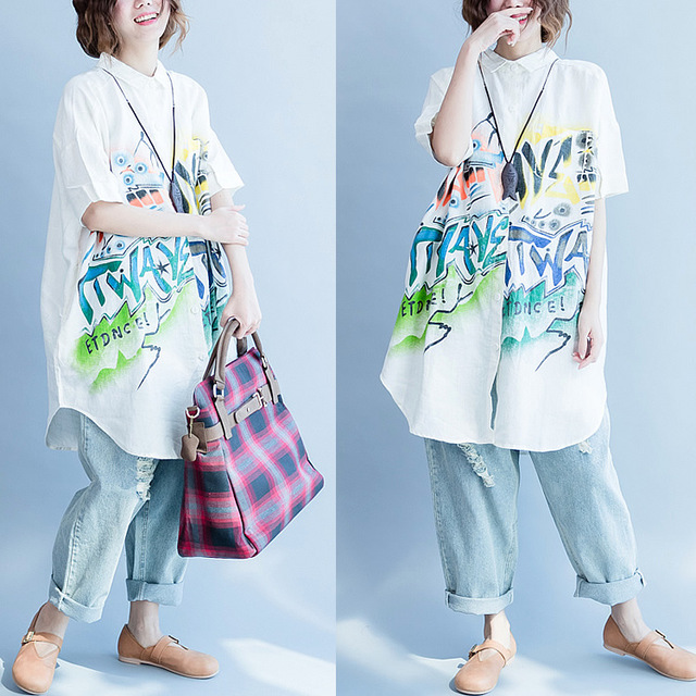 

Season New Short-sleeved Fashion Print Wild Shirt In The Long Section Of Fat Sister Was Thin Large Size Women's Shirt