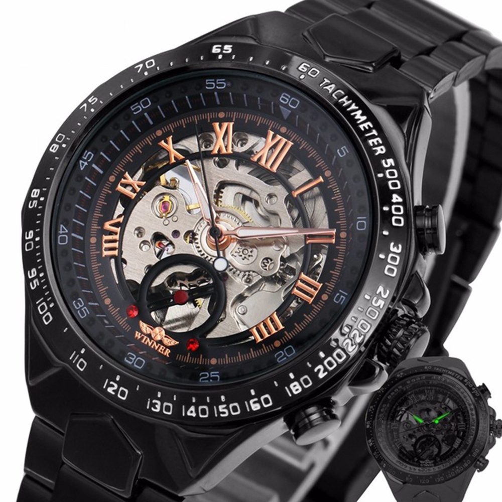 

125 Roman Dials Automatic Mechanical Watch Black Case Full Steel Luminous Hand Men Wrist Watch