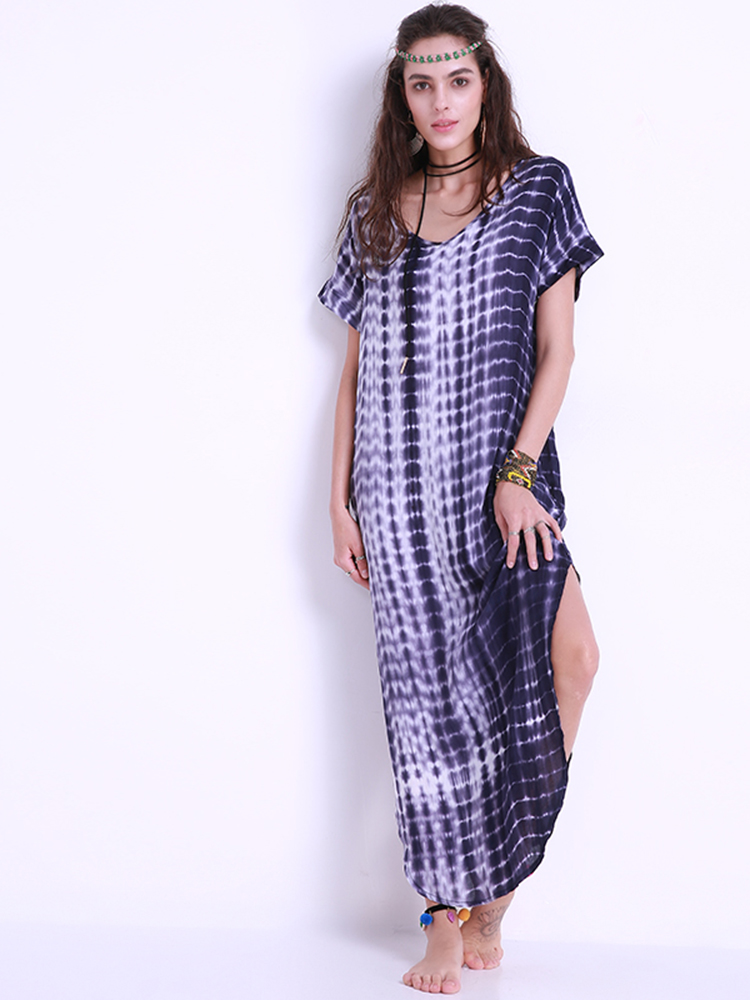 

Rayon Women Casual Tie Dye Printed V-Neck Side Split Maxi Dress