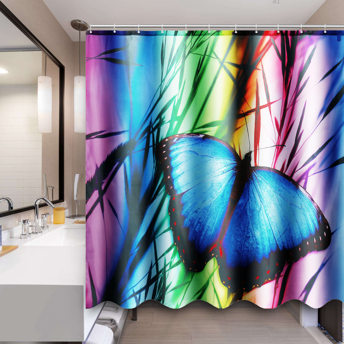 

71''x71'' Buterfly Bathroom Bath Anti-Rust Shower Curtain Waterproof With 12 Hooks