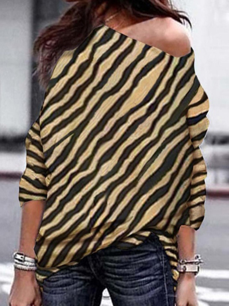 

Women Zebra Striped Print Off Shoulder Long Sleeve Blouse
