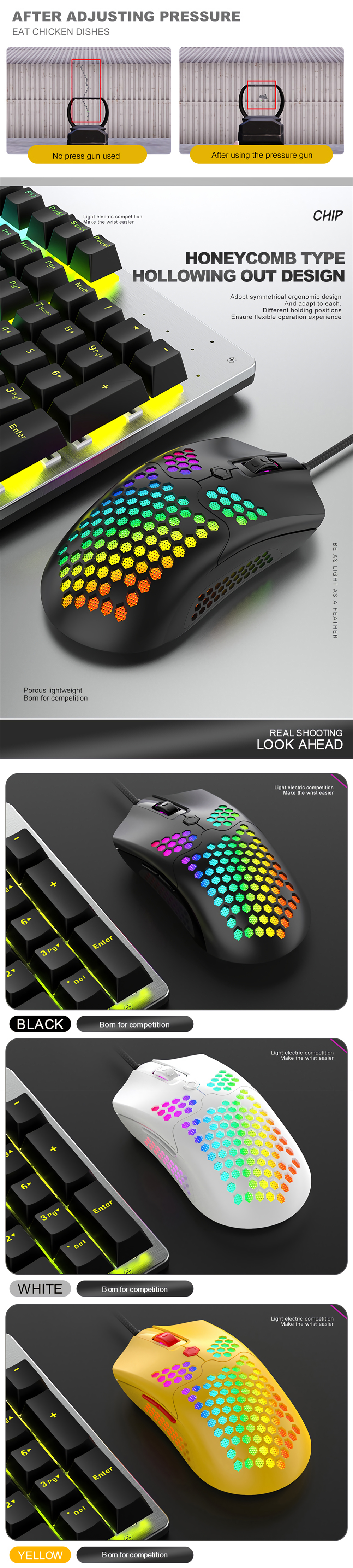 Free-wolf M5 Wired Game Mouse Breathing RGB Colorful Hollow Honeycomb Shape 12000DPI Gaming Mouse USB Wired Gamer Mice for Desktop Computer Laptop PC 15