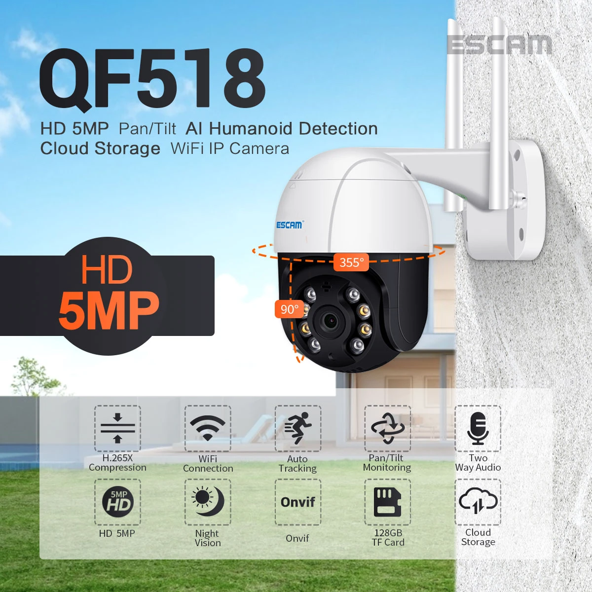 ESCAM QF518 - forgatható biztonsági kamera 5 megapixellel 2